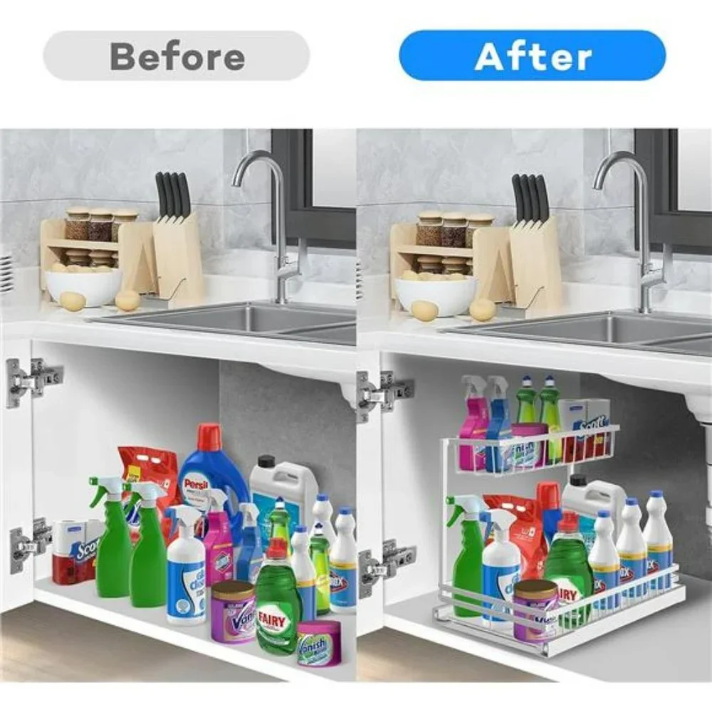 Under Sink Organizer and Storage 2-Tier with Sliding Drawer Metal white